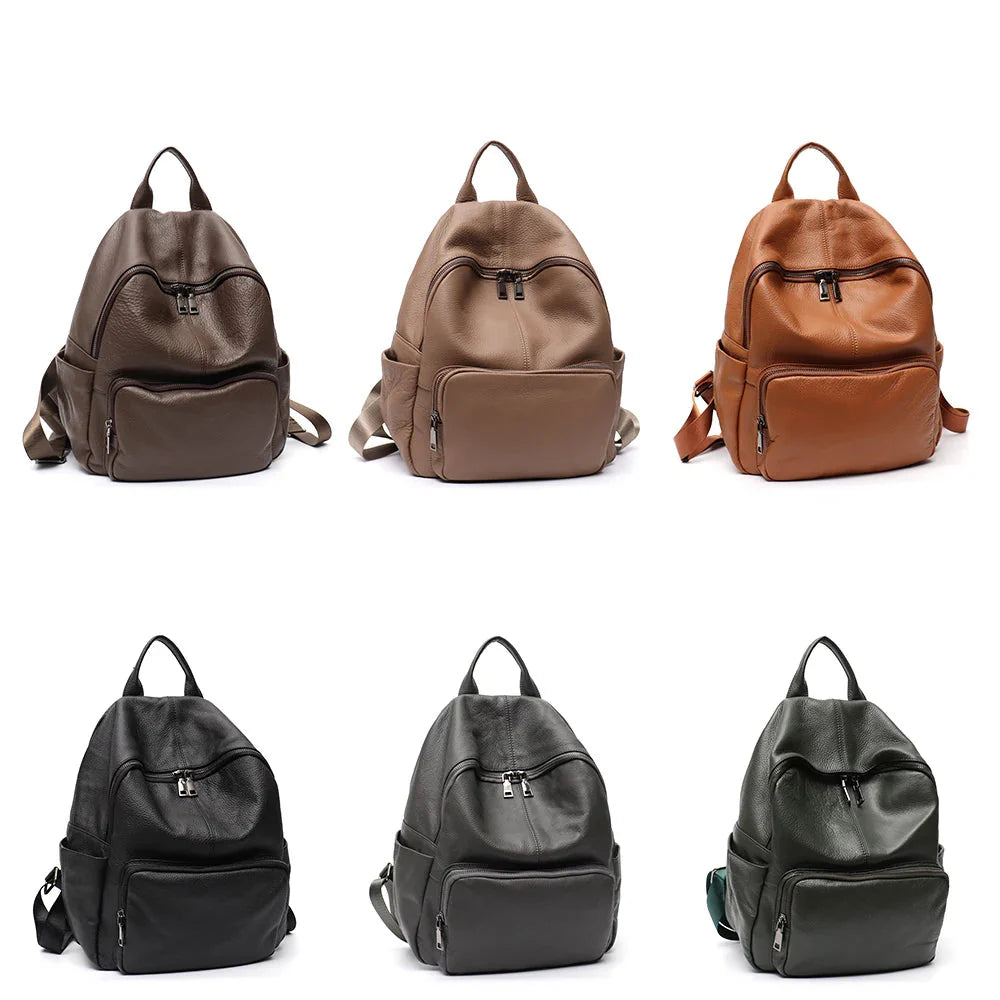 Vue de face d'un sac à dos femme en cuir vegan, couleur crème, avec bretelles ajustables et fermeture éclair.