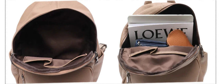 Détail du matériau en cuir vegan du sac à dos femme, mettant en avant sa texture douce et sa durabilité.