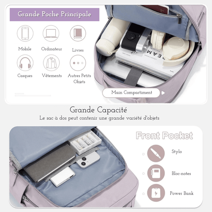 Sac à dos étudiant femme nylon Oxford, ideal pour ordinateur 15.6 pouces et fournitures, kaki