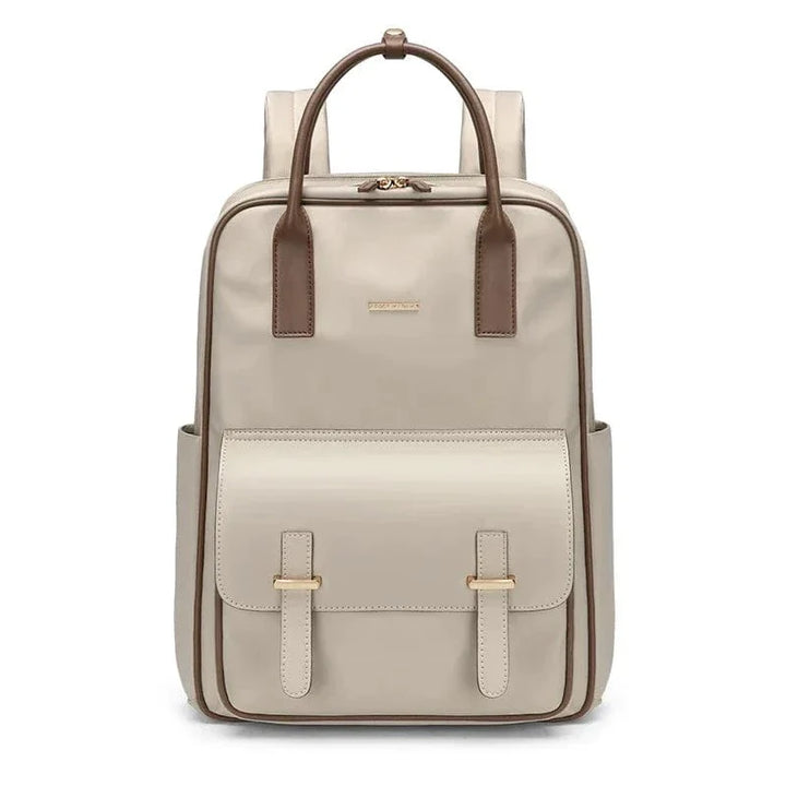 Sac à dos femme élégant en cuir PU beige pour ordinateur portable 15 pouces, idéal pour l'université ou le travail.