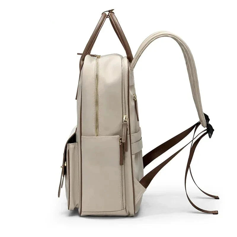 Sac à dos pour femme en cuir PU de couleur beige, parfait pour étudiants transportant un ordinateur 15 pouces.