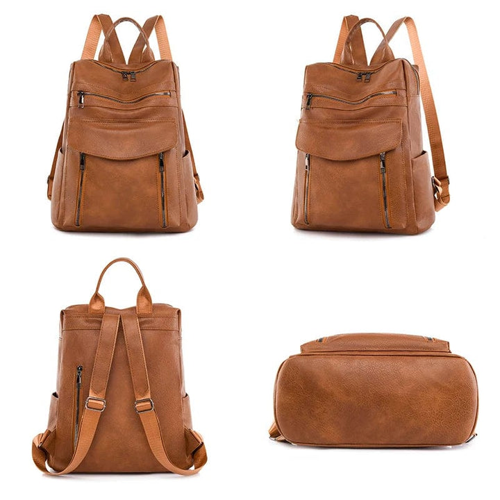 Vue intérieure du sac à dos en cuir vegan, montrant les multiples poches de rangement pratiques.