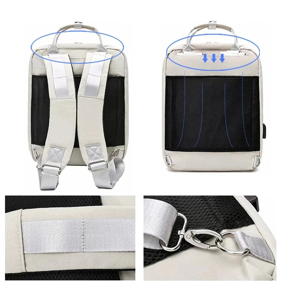 Jeune femme souriante portant un sac à dos élégant en nylon, adapté pour les études et les voyages