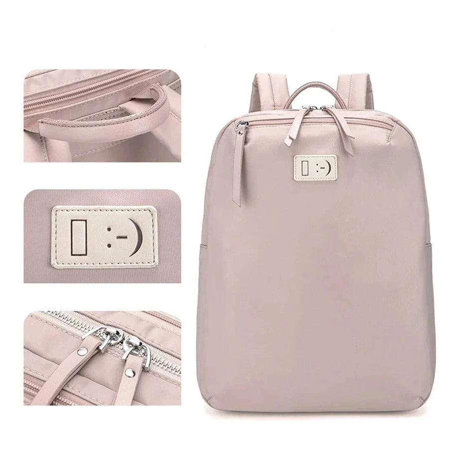 Sac à dos moderne pour femme en nylon imperméable, parfait pour ordinateur portable 14 pouces, usage polyvalent.
