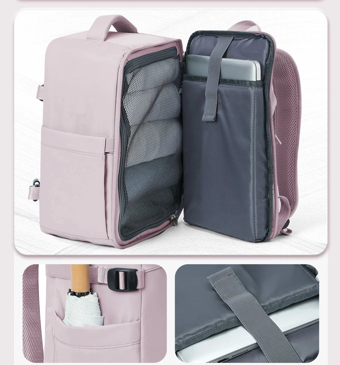 Sac à dos de voyage femme en nylon noir, compartiment ordinateur, parfait pour cabine et city trips.