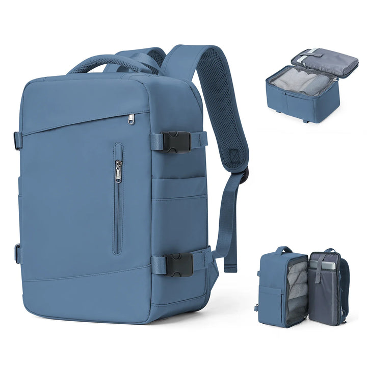 Vue intérieure du sac à dos femme voyage spacieux, avec poches organisatrices et compartiment ordinateur.