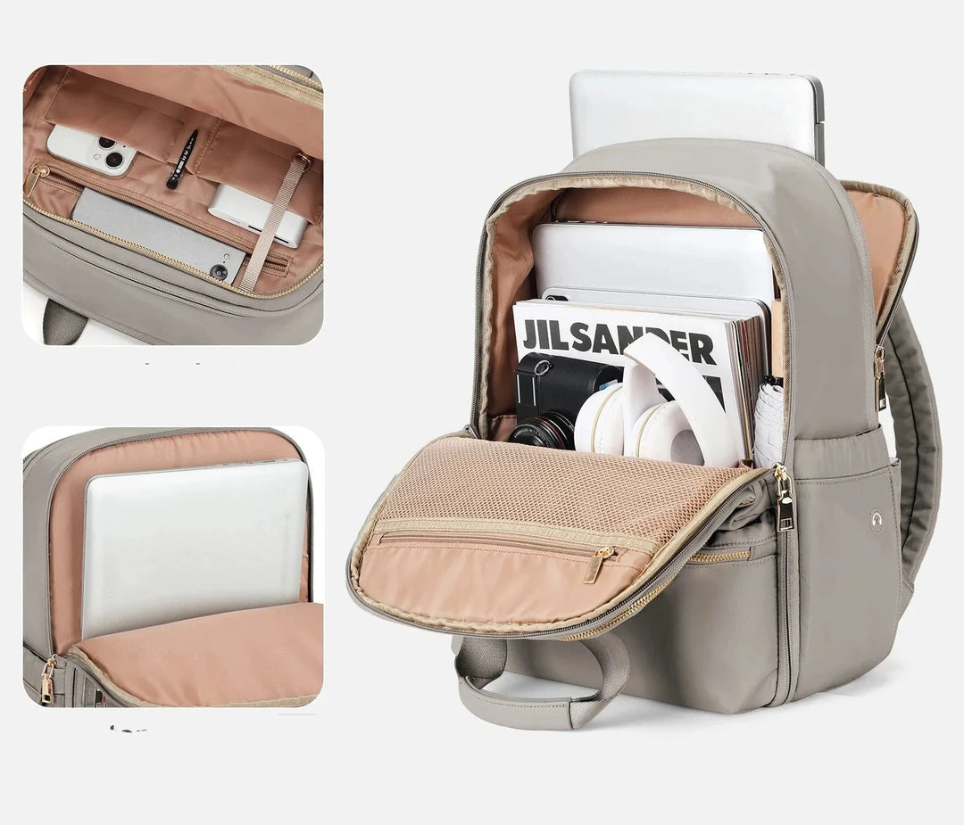 Sac à dos femme rose pastel, en nylon oxford, idéal pour ordinateur 14 pouces, usage quotidien ou scolaire.