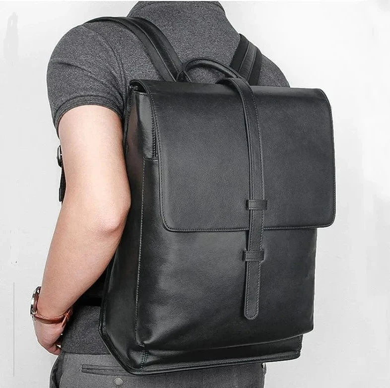 Sac à dos homme cuir véritable noir 14 pouces pour ordinateur, style urbain et luxe, idéal travail.