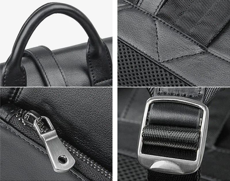 Sac à dos en cuir, 14 pouces, pour homme, noir, polyvalent pour travail ou usage urbain quotidien.