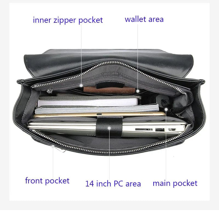 Sac à dos pour hommes en cuir véritable, finition noire, conçu pour ordinateur 14 pouces, style urbain.