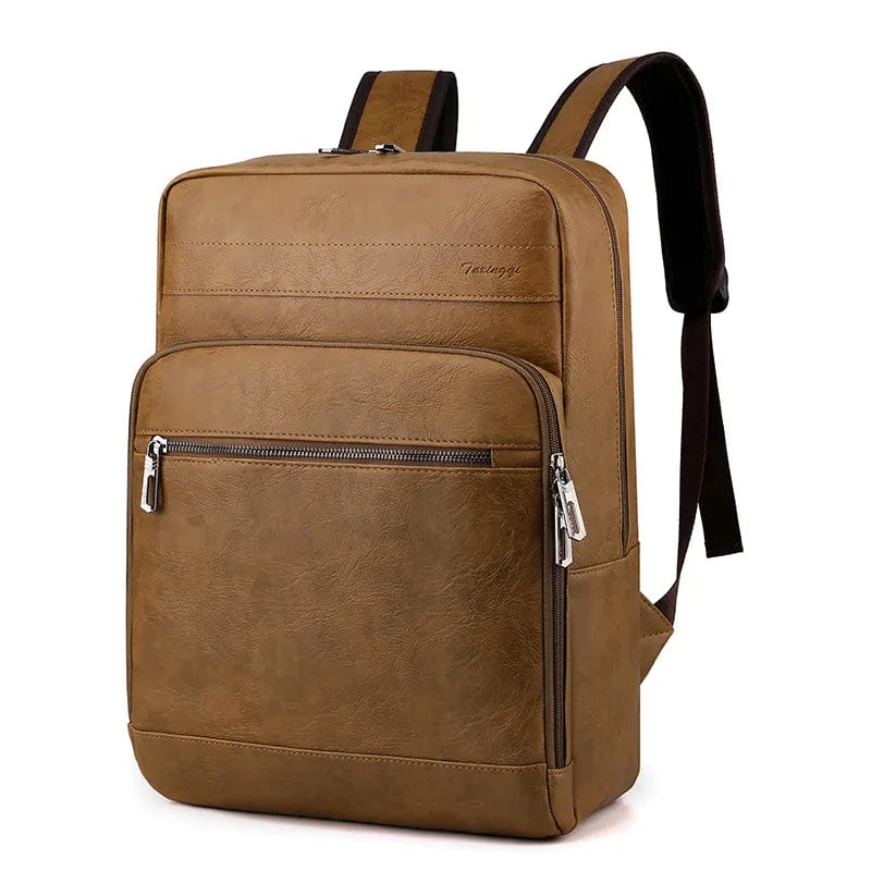 Sac à dos en cuir PU café, résistant à l'eau, accessoire homme pratique pour ordinateur et effets persos.