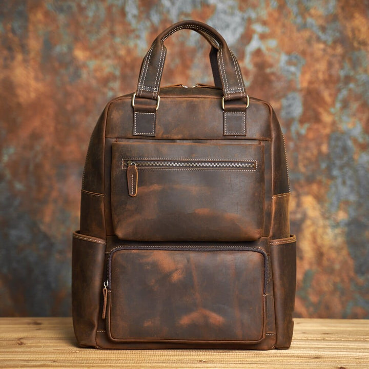 Sac à dos homme en cuir véritable couleur café avec compartiment ordinateur, élégant et pratique
