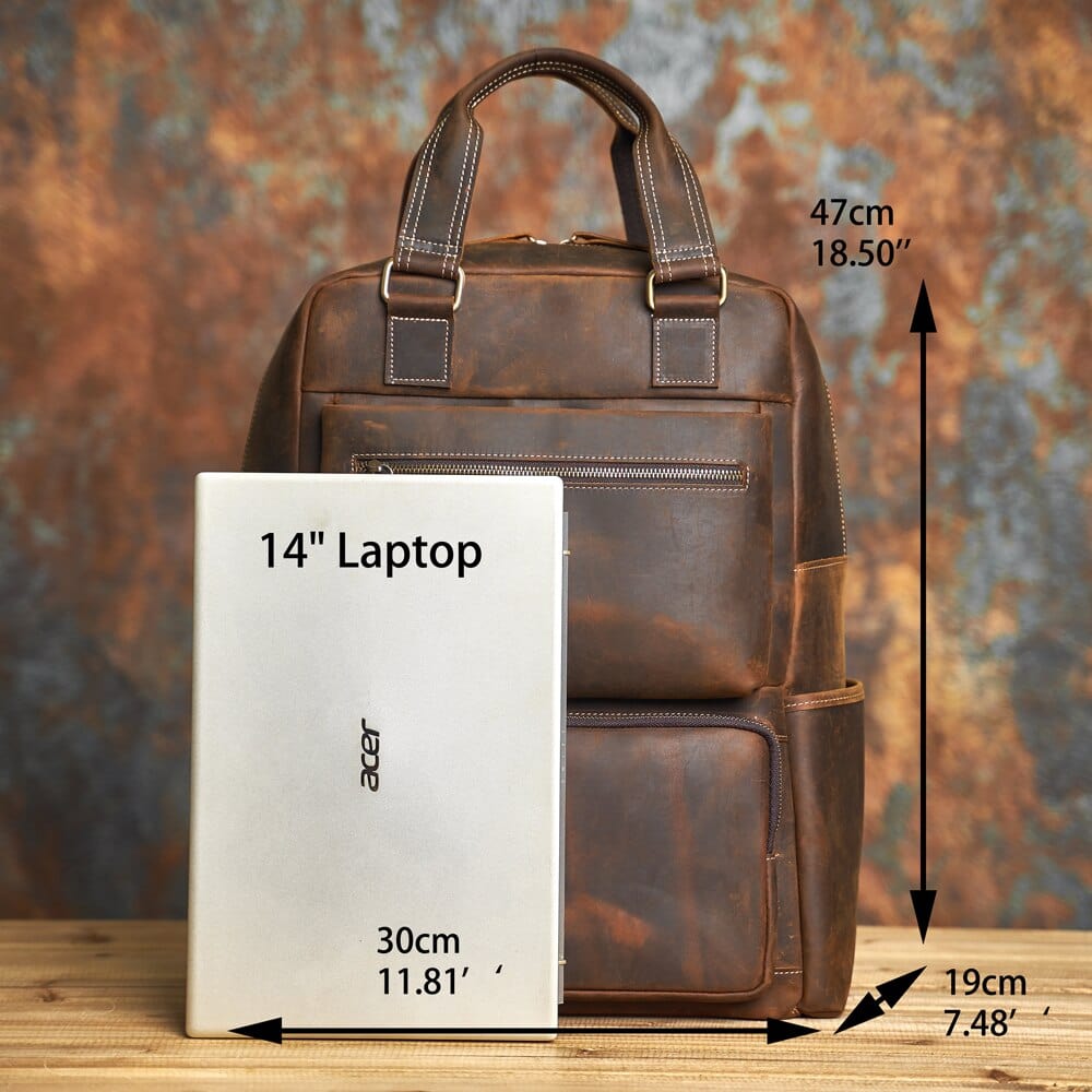 Sac à dos ordinateur en cuir véritable café pour homme, style intemporel et grande capacité