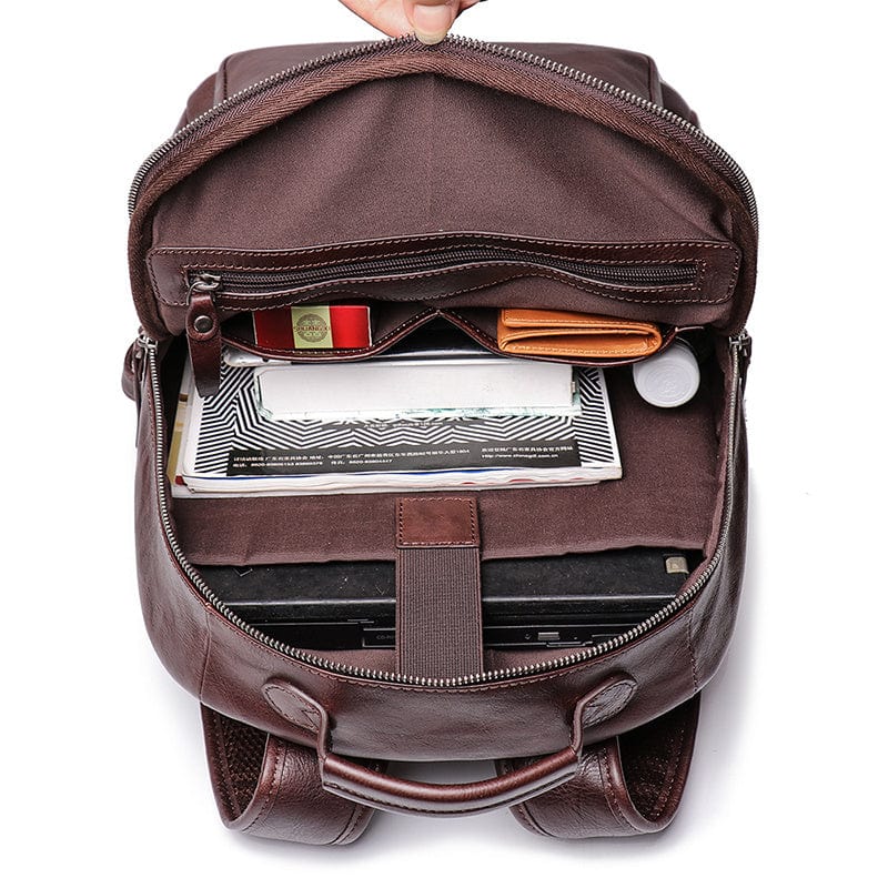 Sac à dos en cuir véritable marron foncé pour homme, port de l'ordinateur sécurisé
