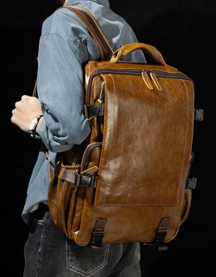 Sac à dos vintage en cuir marron grande capacité pour homme élégant