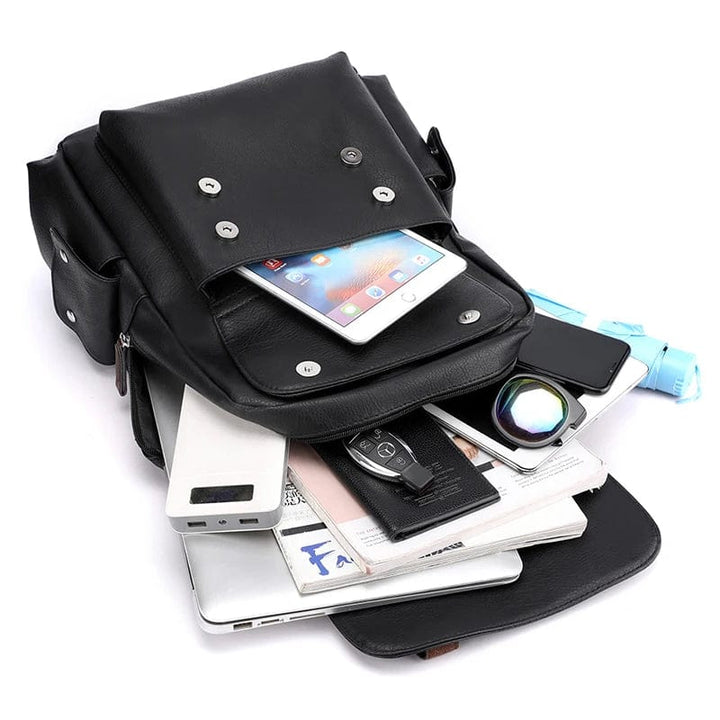 Sac à dos multifonctionnel en cuir PU noir, pour homme, avec compartiment dédié pour ordinateur portable