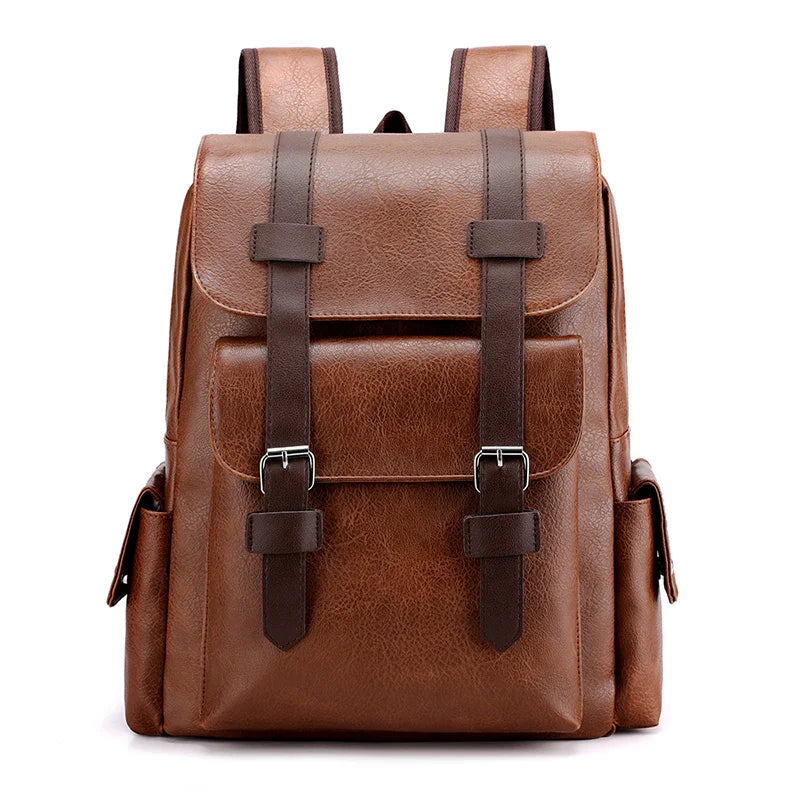 Sac à dos rétro noir pour homme, en similicuir, idéal comme accessoire de travail et de ville stylé.