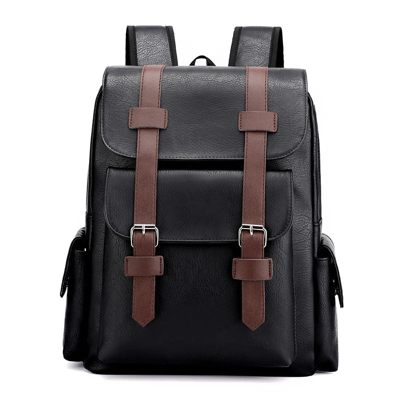 Sac à dos homme en similicuir marron avec boucles, style rétro, pour un transport élégant en ville.