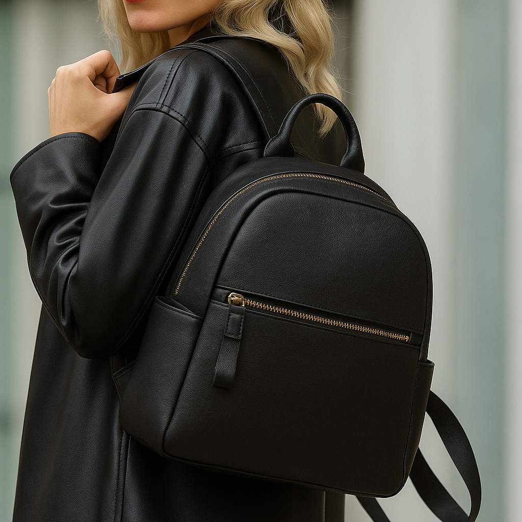 Sac à dos élégant cuir véritable noir pour femme, vue de face, idéal sac de ville chic et mode.