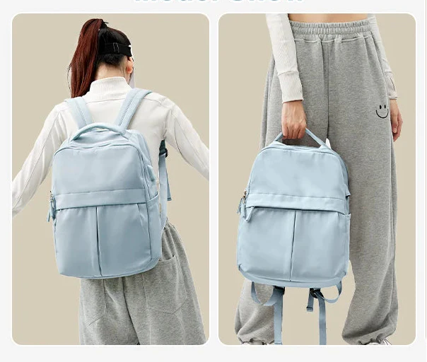 Femme élégante avec sac à dos ordinateur moderne en nylon, parfait pour le travail ou voyage.