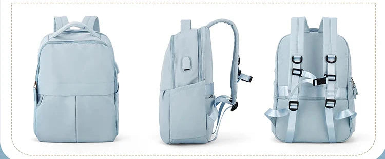 Intérieur organisé d'un sac à dos femme en nylon, avec rangements pour ordinateur et essentiels.