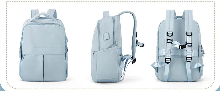 Intérieur organisé d'un sac à dos femme en nylon, avec rangements pour ordinateur et essentiels.