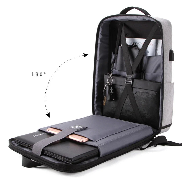 Sac à dos noir rigide et sécurisé pour PC portable homme, parfait pour le bureau et les déplacements urbains.