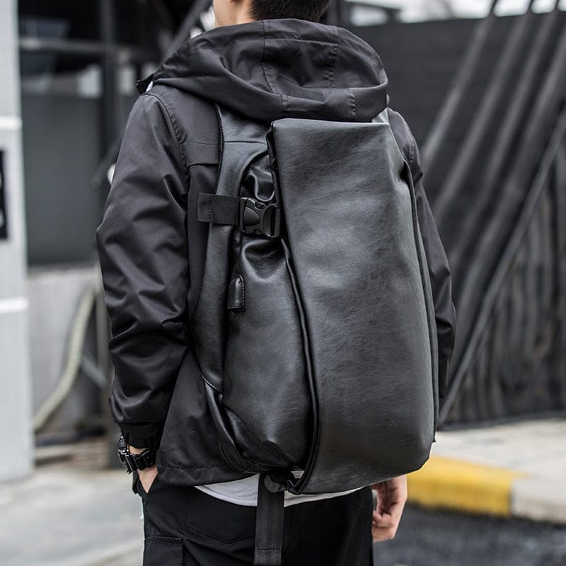 Sac à dos ordinateur homme en cuir PU noir, avec port USB, étanche, idéal travail ou voyage.