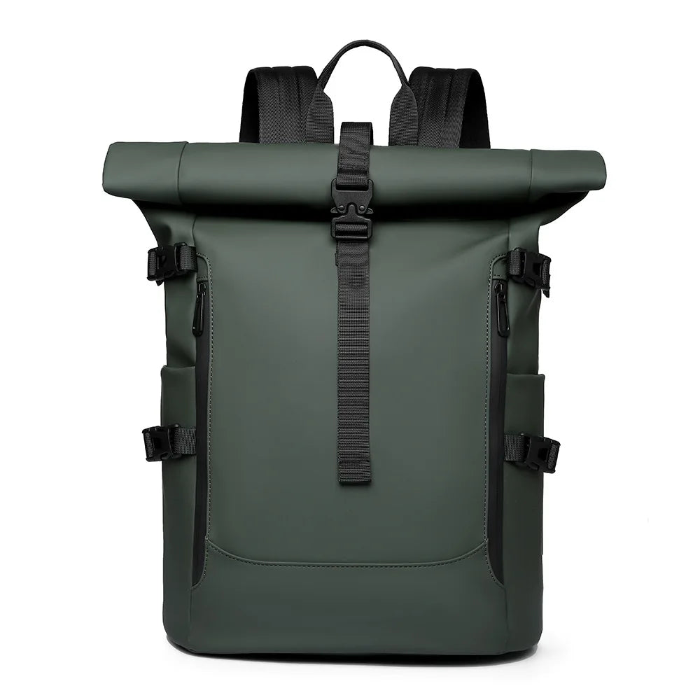 Sac à dos roll top imperméable unisexe pour voyage urbain ou randonnée, confortable et polyvalent.