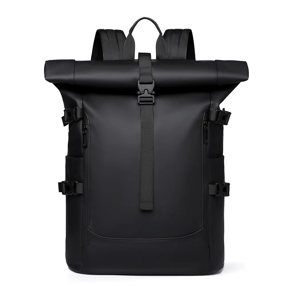 Sac à dos roll top gris imperméable, polyvalent pour voyage, travail, école, avec grand organisateur.