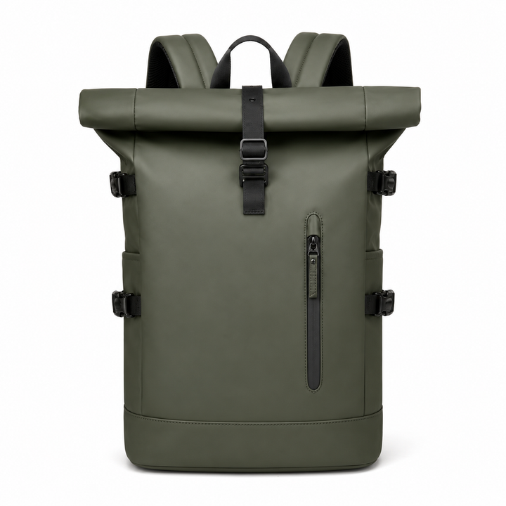 Sac à dos roll-top professionnel noir, pratique pour voyage et quotidien, avec port USB et compartiments.