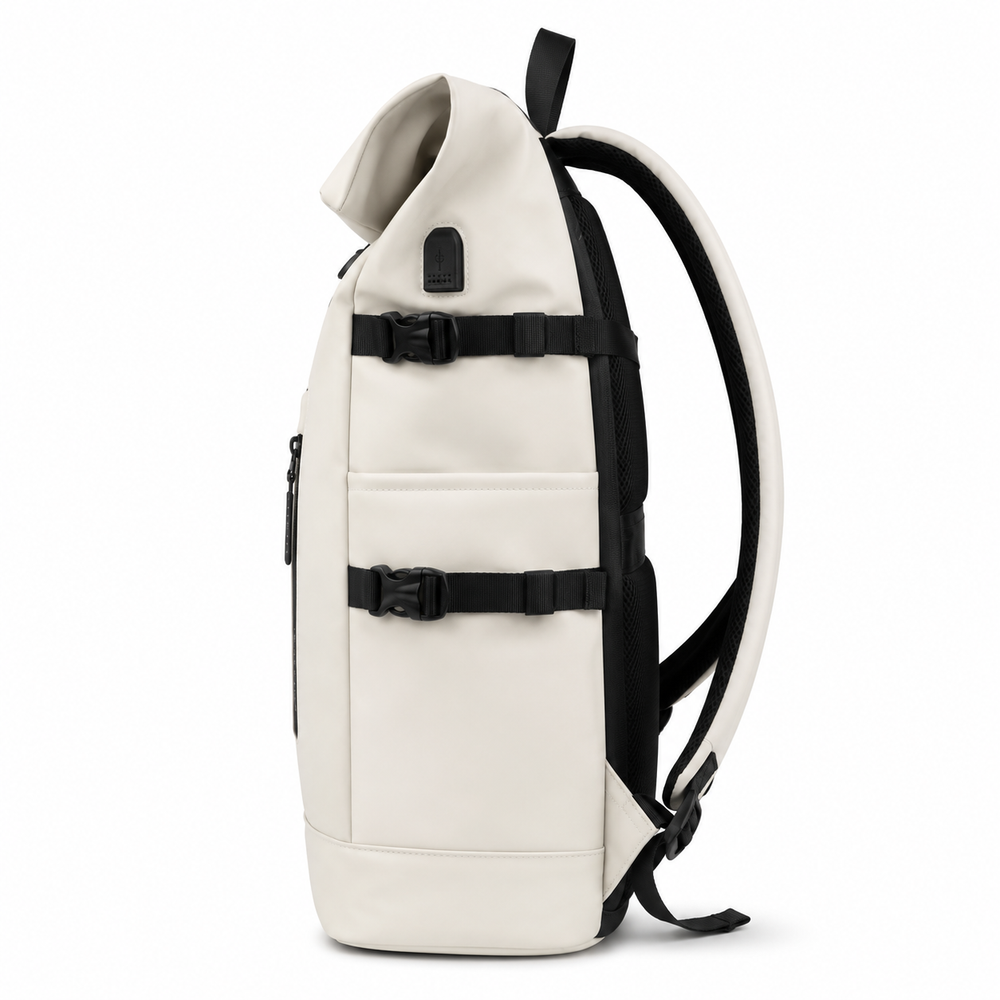 Sac à dos roll-top polyvalent noir, étanche, idéal pour ville, travail et week-end, design épuré.