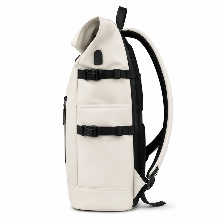 Sac à dos roll-top polyvalent noir, étanche, idéal pour ville, travail et week-end, design épuré.