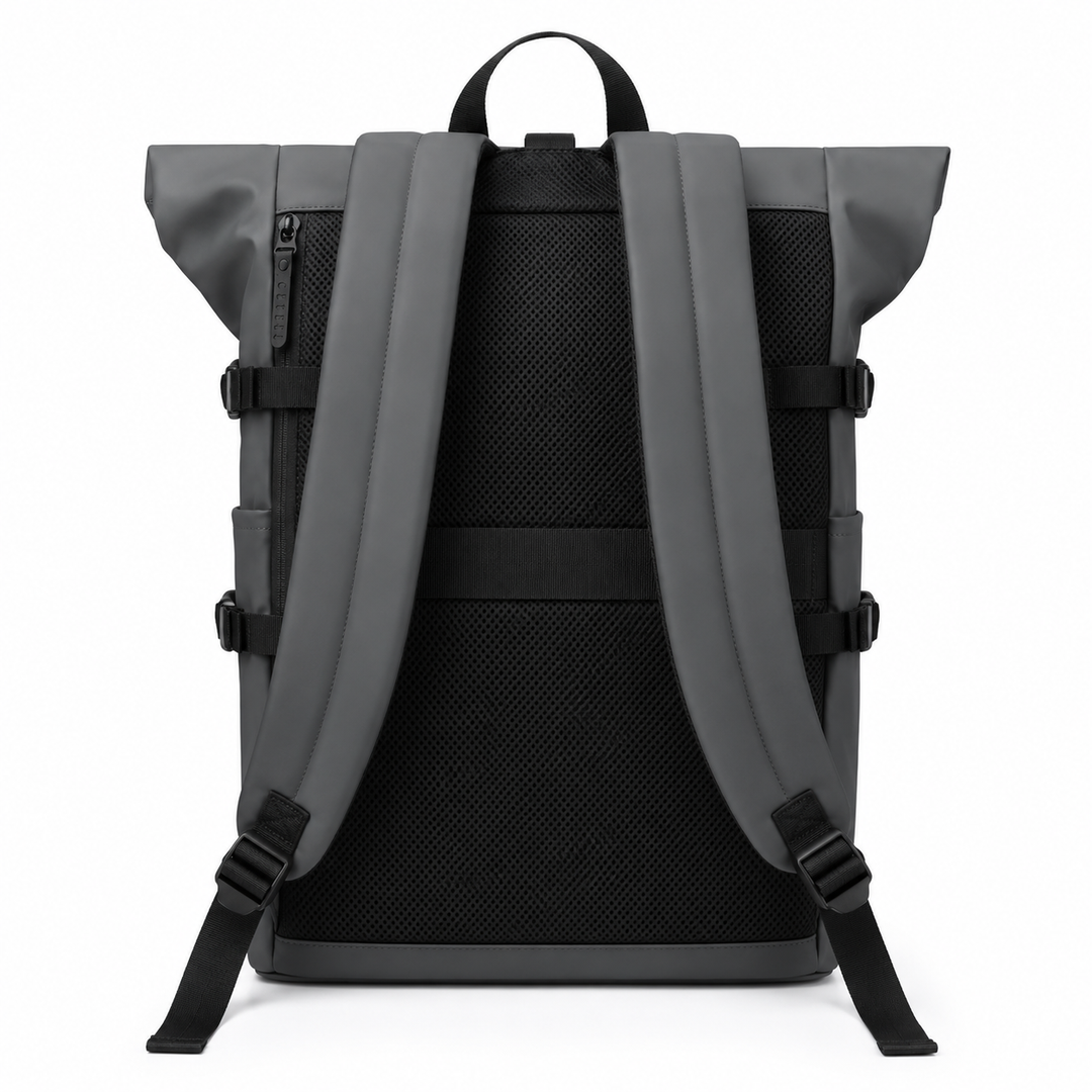 Sac à dos roll-top bleu moderne, parfait pour le voyage ou le quotidien, avec organisateur et port USB.