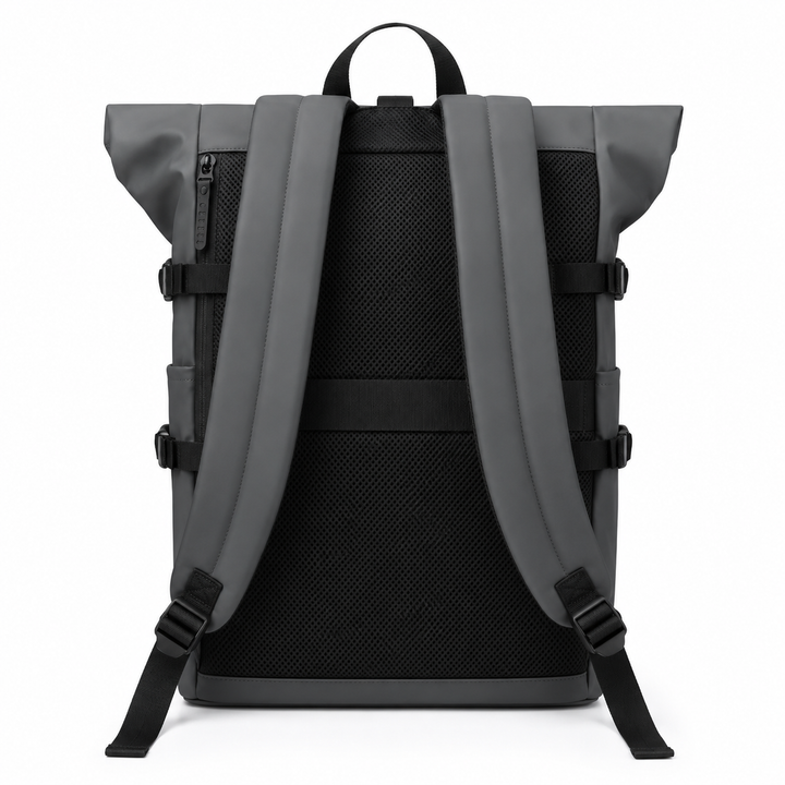 Sac à dos roll-top bleu moderne, parfait pour le voyage ou le quotidien, avec organisateur et port USB.