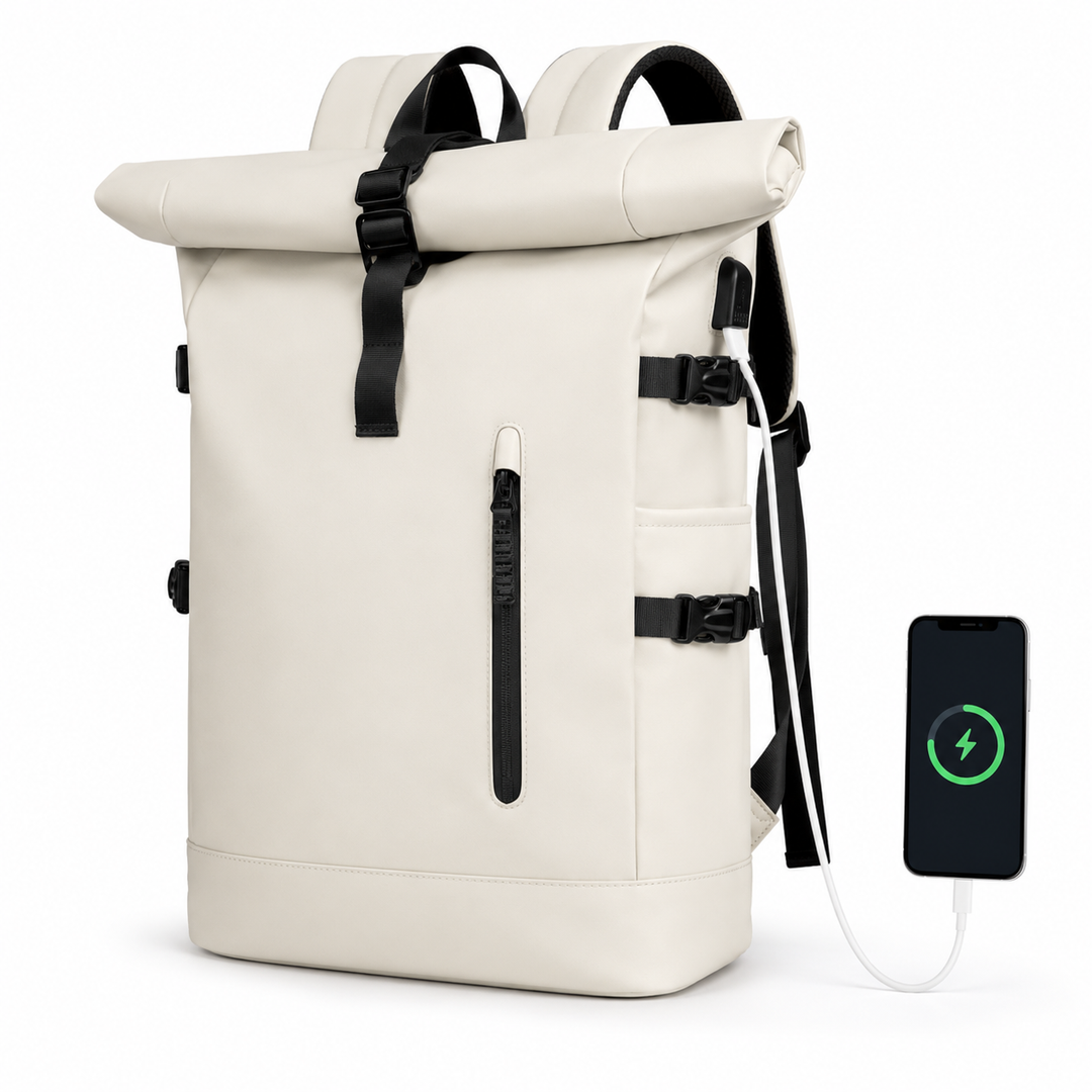 Sac à dos roll-top spacieux pour voyage, compartiment ordinateur, parfait pour escapades urbaines.
