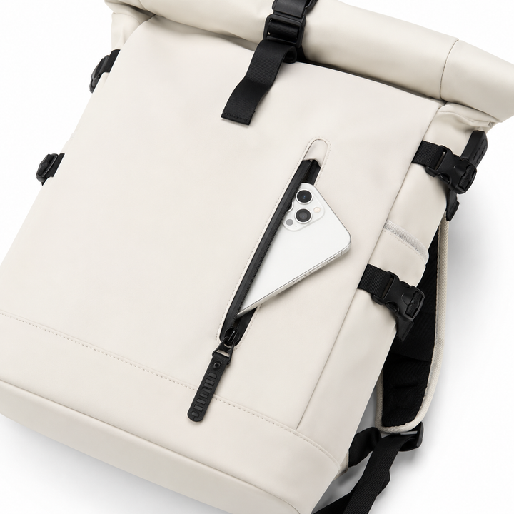 Sac à dos roll-top avec compartiment rembourré pour PC 15", idéal étudiants et pros.