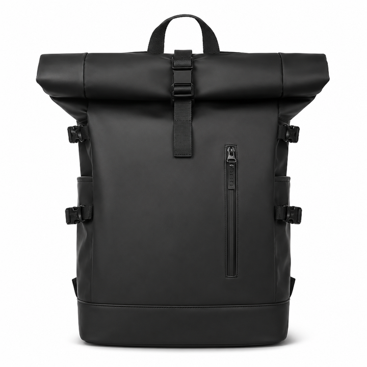 Sac à dos de voyage roll-top gris avec port USB intégré, pratique pour charger vos appareils en déplacement.