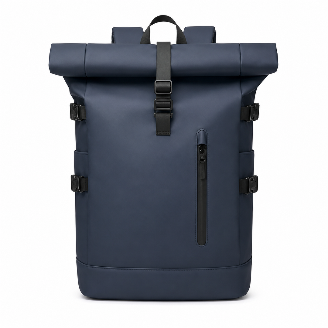 Sac à dos roll-top polyvalent avec port USB intégré, idéal pour le voyage et usage quotidien urbain.