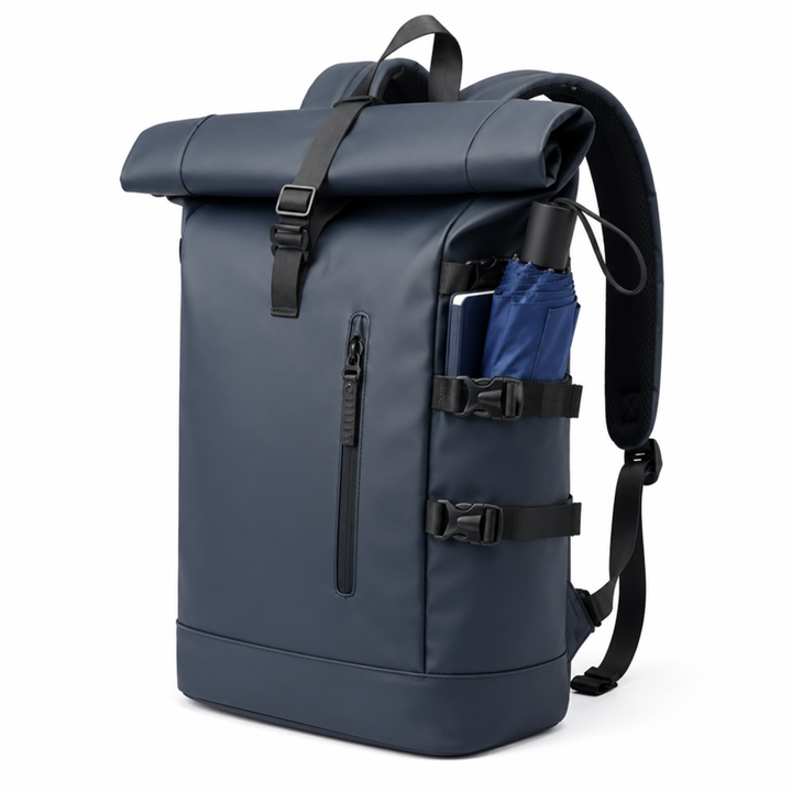 Utilisation du sac à dos roll-top imperméable, idéal pour le travail, les études et la vie urbaine.