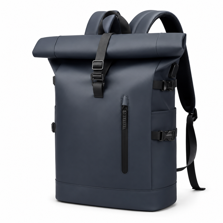 Sac à dos roll-top moderne et élégant avec compartiment pour ordinateur portable, port USB intégré.