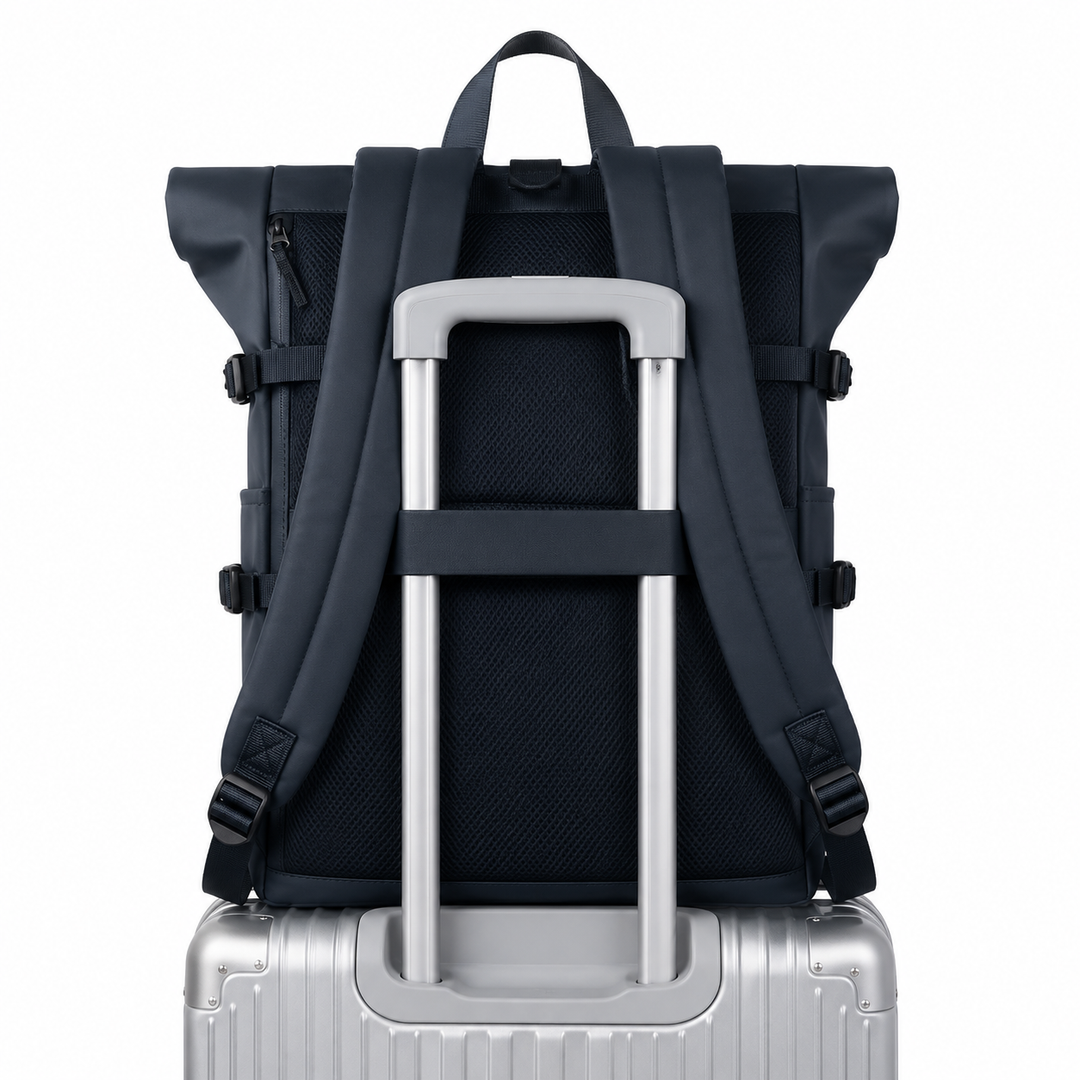 Sac à dos urbain roll-top pour affaires, organisé avec multiples poches, idéal pour professionnels.
