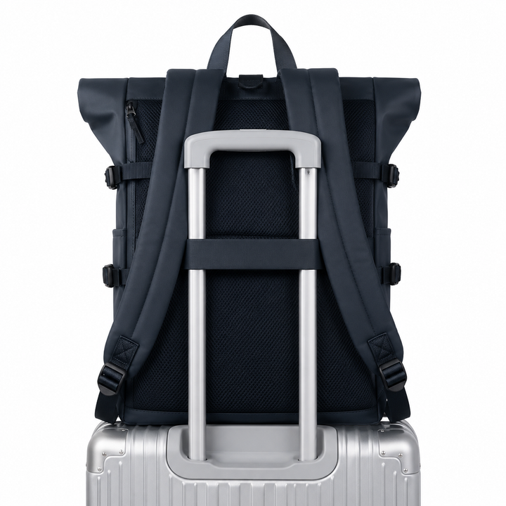 Sac à dos urbain roll-top pour affaires, organisé avec multiples poches, idéal pour professionnels.