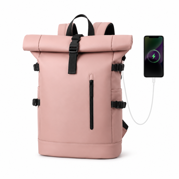 Sac à dos quotidien roll-top avec port de charge USB, idéal pour les déplacements en ville.