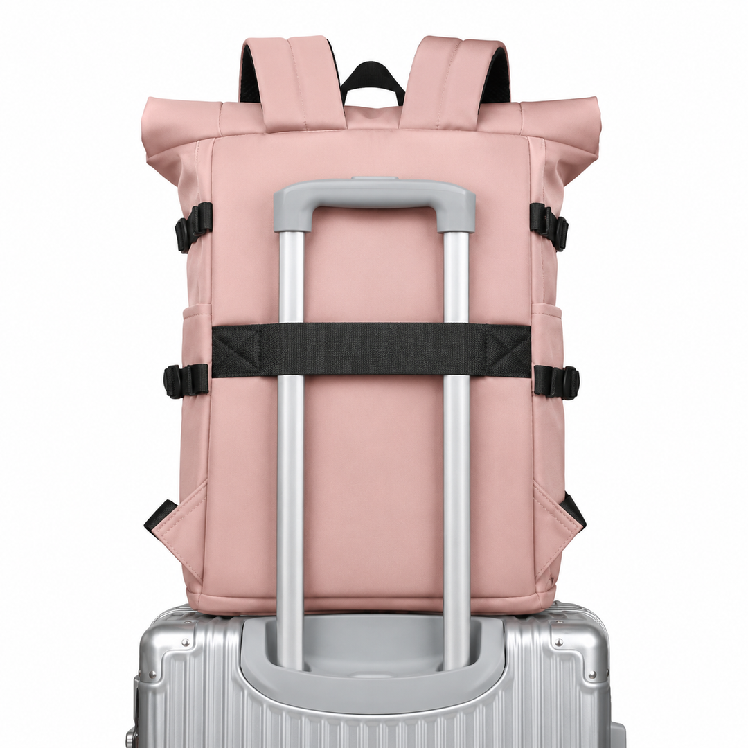 Sac à dos ordinateur portable roll-top en tissu résistant, parfait pour travail, école ou voyage.