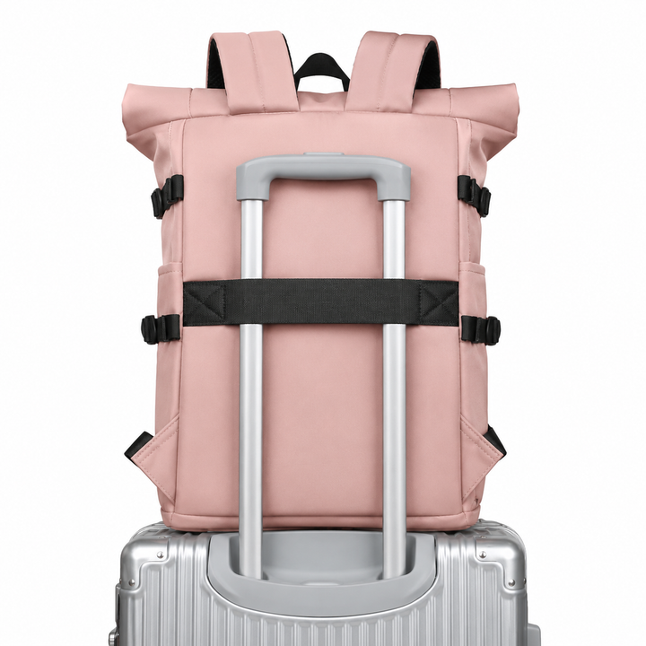 Sac à dos ordinateur portable roll-top en tissu résistant, parfait pour travail, école ou voyage.
