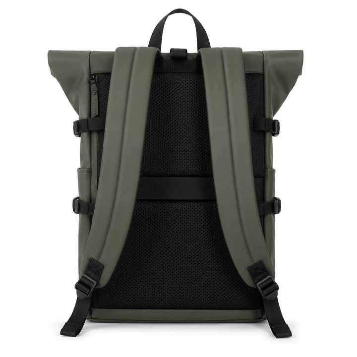 Sac à dos urbain roll-top polyvalent noir, idéal pour la ville et les déplacements quotidiens.