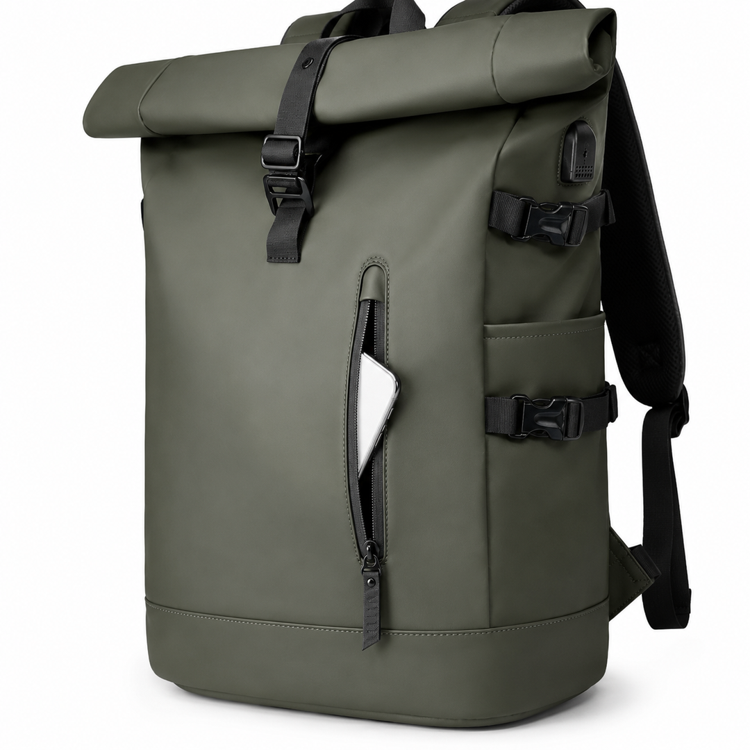 Sac à dos roll-top pour ordinateur portable et accessoires, sécurisé et stylé, vert.