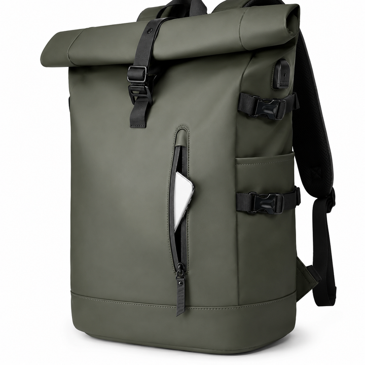 Sac à dos roll-top pour ordinateur portable et accessoires, sécurisé et stylé, vert.