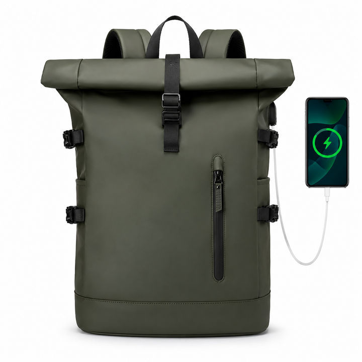 Sac à dos roll-top vert, offrant un espace ajustable et une protection optimale pour vos affaires.